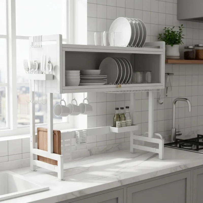 ESCURRIDOR DE PLATOS Y UTENSILIOS CON PORTA TABLA COLOR BLANCO - 2