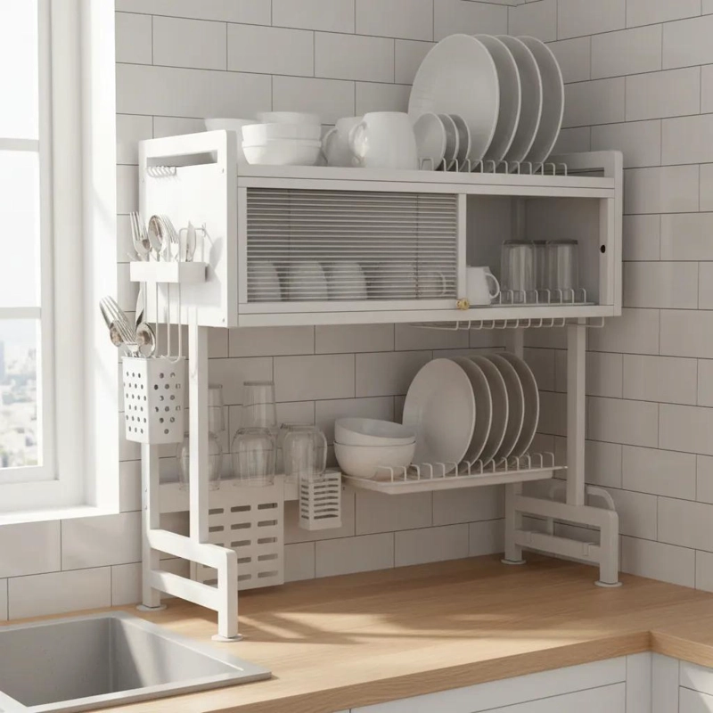 ESCURRIDOR DE PLATOS Y UTENSILIOS CON PORTA TABLA COLOR BLANCO - 4