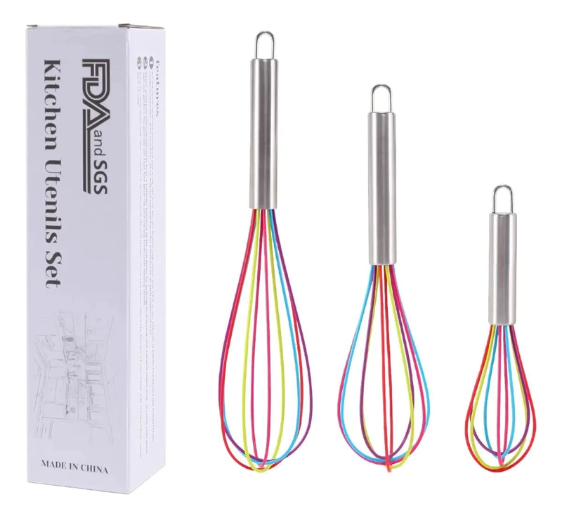 SET DE 3 BATIDORES DE SILICONA CON MANGO DE ACERO INOXIDABLE PARA COCINA - 1