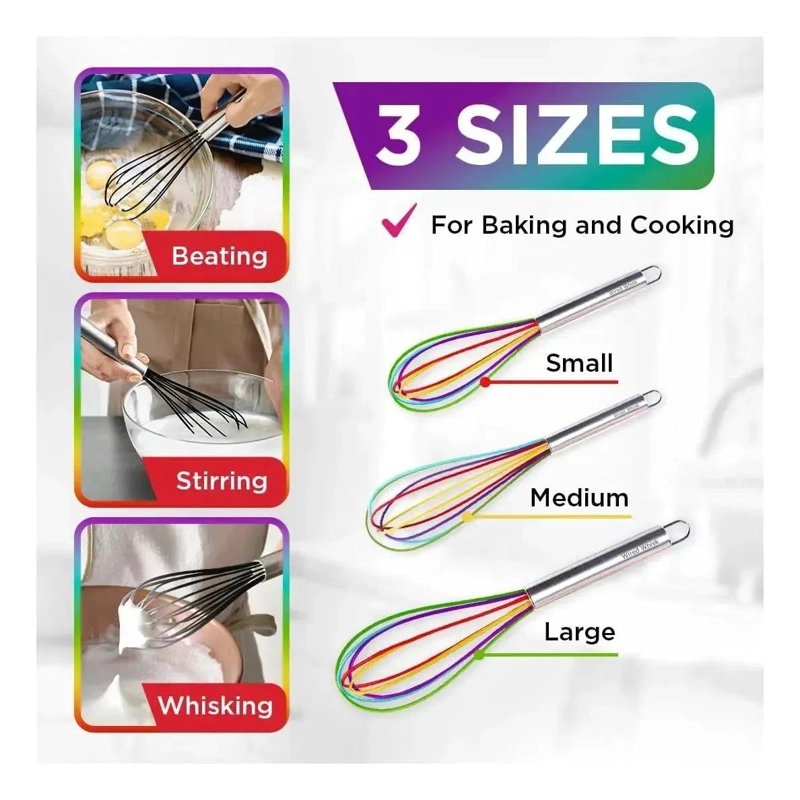 SET DE 3 BATIDORES DE SILICONA CON MANGO DE ACERO INOXIDABLE PARA COCINA - 3