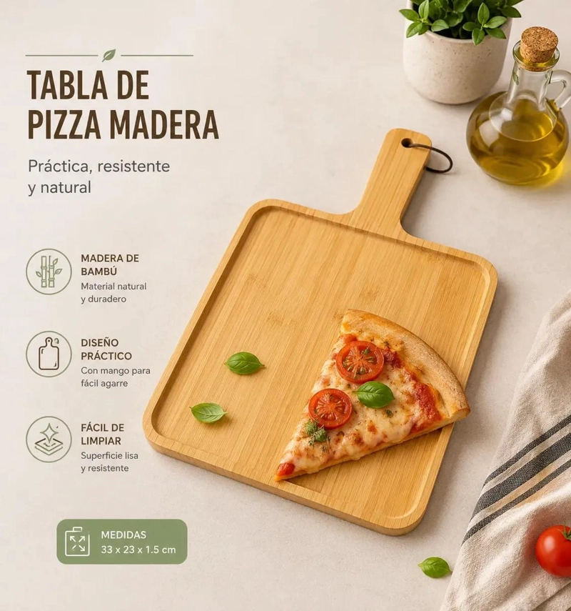 TABLA PARA SERVIR PIZZA DE BAMBU CON ASA 33X23 CM - 2