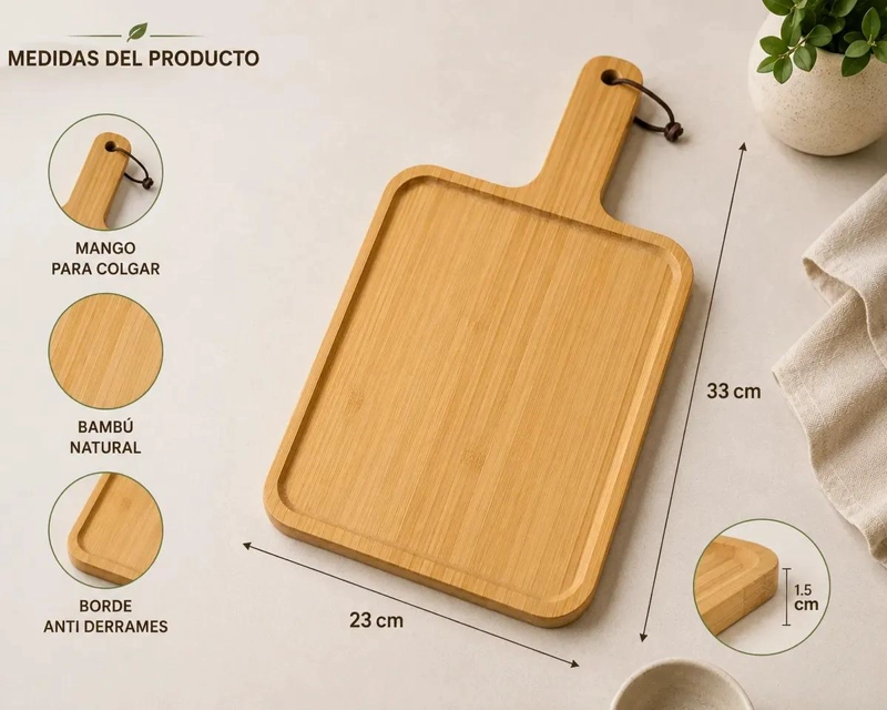 TABLA PARA SERVIR PIZZA DE BAMBU CON ASA 33X23 CM - 3
