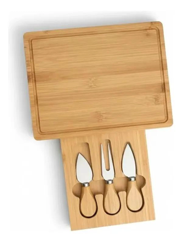 TABLA DE BAMBU PARA QUESOS CON TRES CUBIERTOS DE ACERO INOXIDABLE - 1