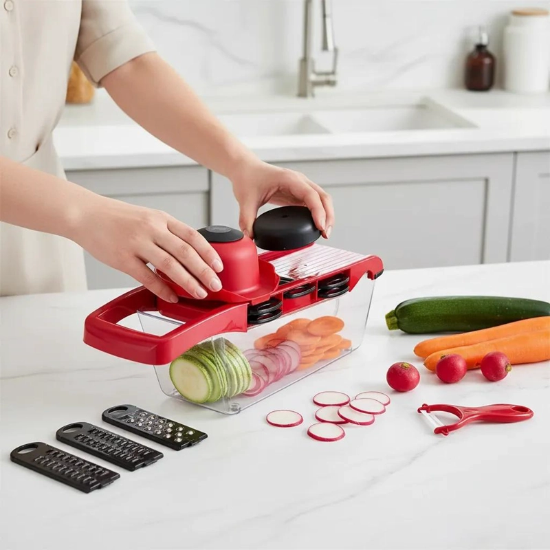 MANDOLINA REBANADORA ROJA PARA MESA CON MULTIPLES FUNCIONES DE RALLADO - 2