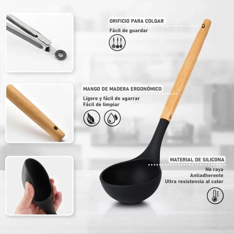 SET DE UTENSILIOS DE COCINA EN SILICONA Y MADERA CON ESPATULAS Y CUCHARONES - 4