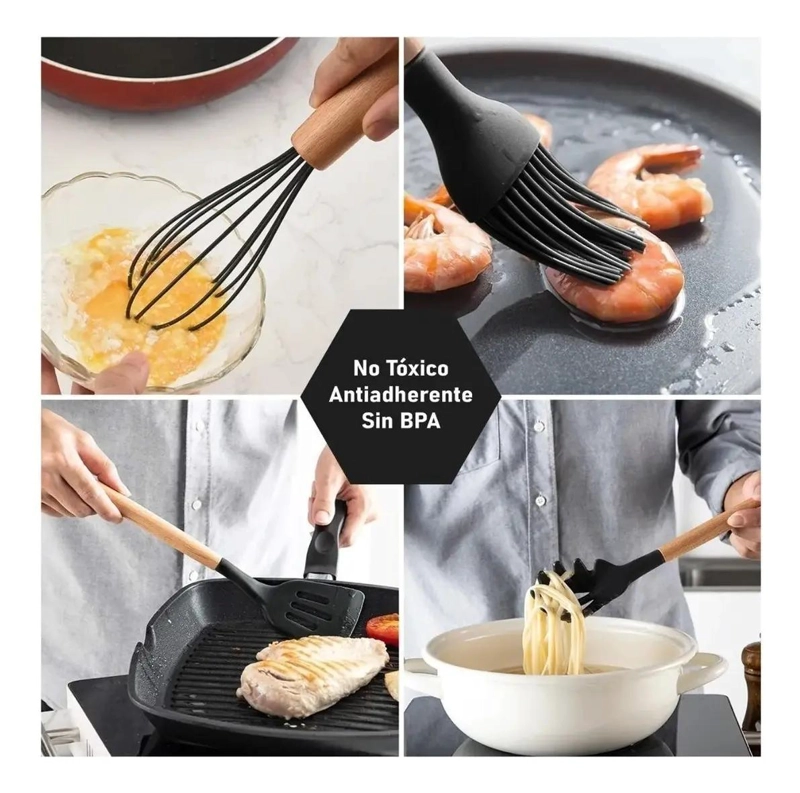 SET DE UTENSILIOS DE COCINA EN SILICONA Y MADERA CON ESPATULAS Y CUCHARONES - 5