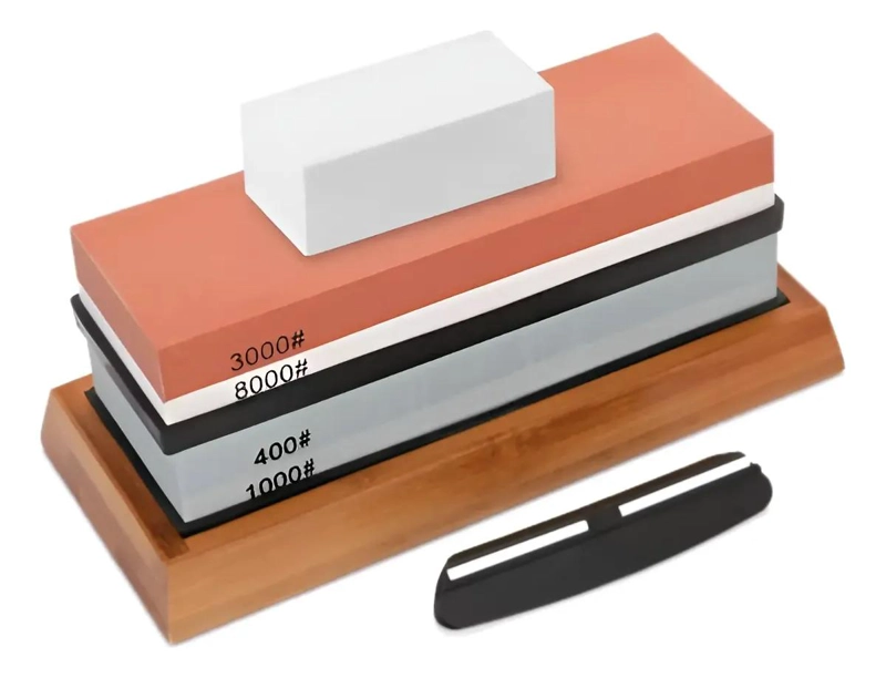 SET DE PIEDRAS PARA AFILAR CUCHILLOS CON BASE DE BAMBU Y GUIA - 1