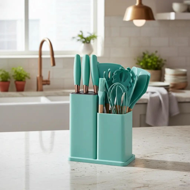 SET COMPLETO DE UTENSILIOS DE SILICONA PARA COCINA CON 19 PIEZAS COLOR TURQUESA - 1