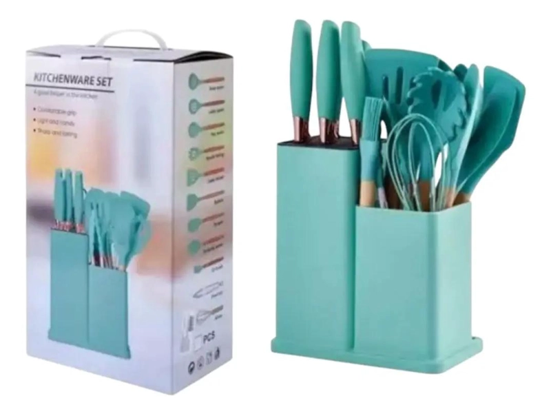 SET COMPLETO DE UTENSILIOS DE SILICONA PARA COCINA CON 19 PIEZAS COLOR TURQUESA - 2