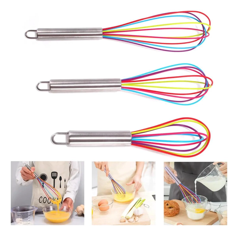 SET DE 3 BATIDORES DE SILICONA CON MANGO DE ACERO INOXIDABLE PARA COCINA Y HORNE - 1