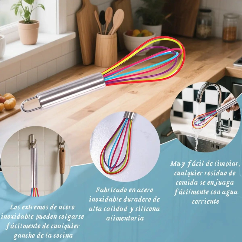SET DE 3 BATIDORES DE SILICONA CON MANGO DE ACERO INOXIDABLE PARA COCINA Y HORNE - 5