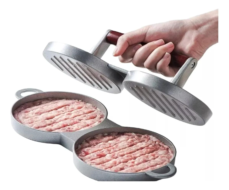 MOLDE PARA PREPARAR HAMBURGUESAS CASERAS CON PRENSA DOBLE PLATEADA - 1