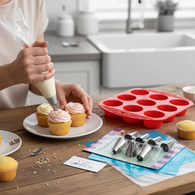 SET PARA REPOSTERIA CON MOLDE DE SILICONA PARA MUFFINS, MANGA PASTELERA Y 8 BOQU - 1