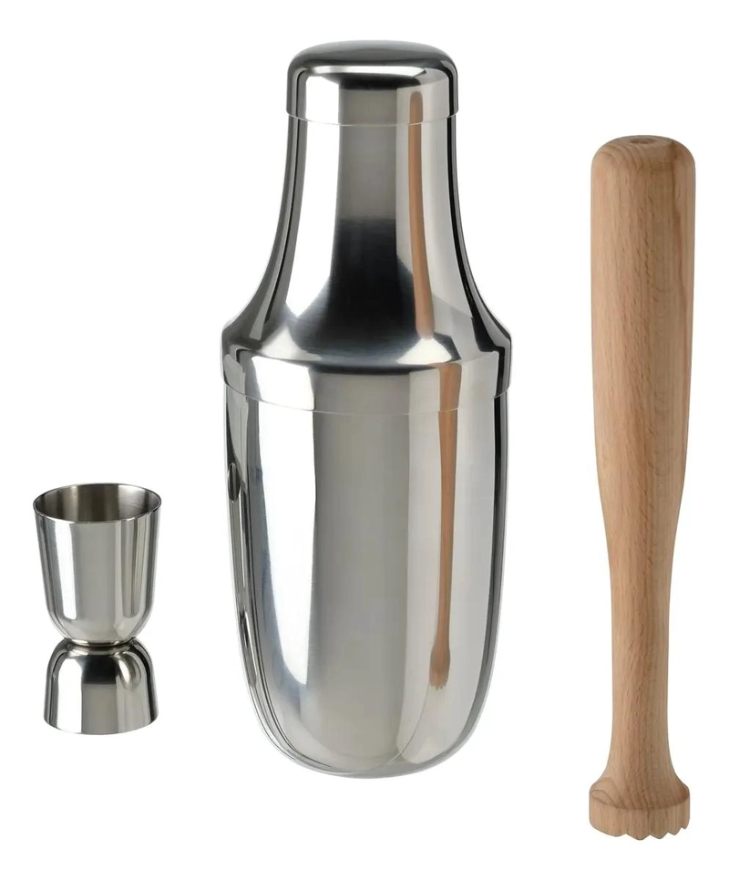 SET DE COCTELERA DE ACERO INOXIDABLE CON DETALLES EN MADERA DE 3 PIEZAS - 1