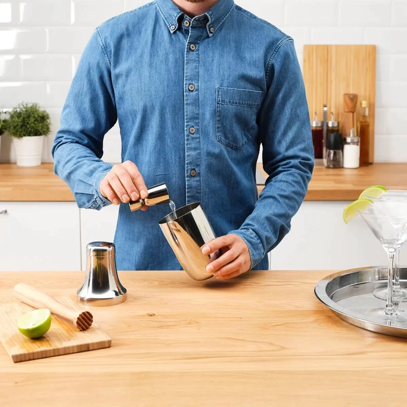 SET DE COCTELERA DE ACERO INOXIDABLE CON DETALLES EN MADERA DE 3 PIEZAS - 5