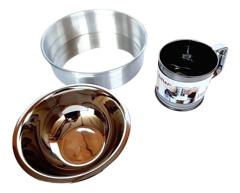 SET DE UTENSILIOS PARA REPOSTERIA CON TAMIZADOR, MOLDE Y BOWL DE ACERO - 1