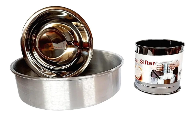SET DE UTENSILIOS PARA REPOSTERIA CON TAMIZADOR, MOLDE Y BOWL DE ACERO - 2