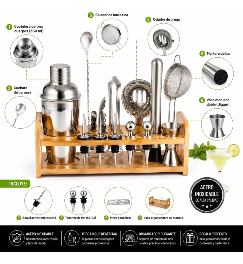 SET PROFESIONAL DE COCTELERA CON 14 PIEZAS PARA PREPARACION DE COCTELES - 4