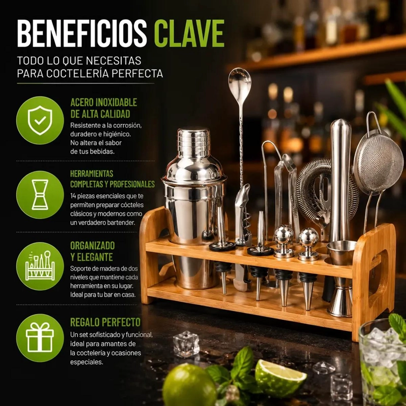 SET PROFESIONAL DE COCTELERA CON 14 PIEZAS PARA PREPARACION DE COCTELES - 5