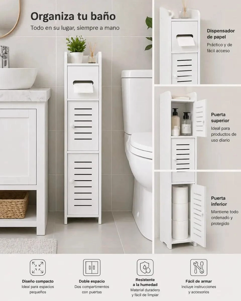 MUEBLE ORGANIZADOR PARA BAÑO CON DISPENSER DE PAPEL HIGIE NICO - 2