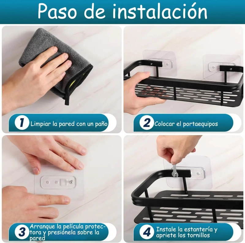 ORGANIZADOR DE DUCHA NEGRO CON ESTANTE MONTADO EN PARED - 7