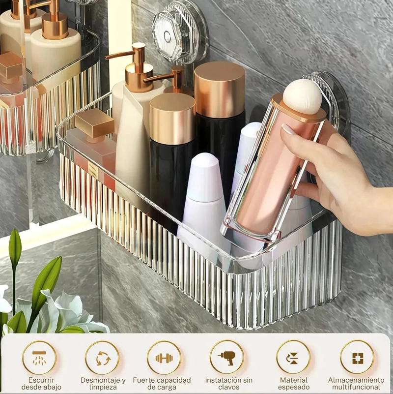 REPISA ORGANIZADOR DE BAÑO TRANSPARENTE CON VENTOSAS Y GANCHOS - 7