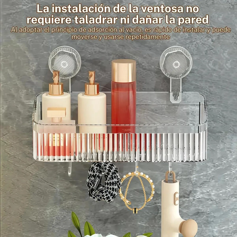 REPISA ORGANIZADOR DE BAÑO TRANSPARENTE CON VENTOSAS Y GANCHOS - 8
