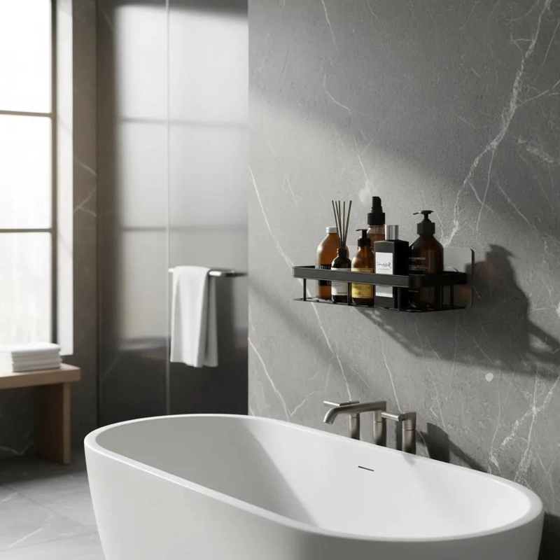 ESTANTE DE ALMACENAMIENTO PARA BAÑO SIN PERFORACIONES EN COLOR NEGRO - 1
