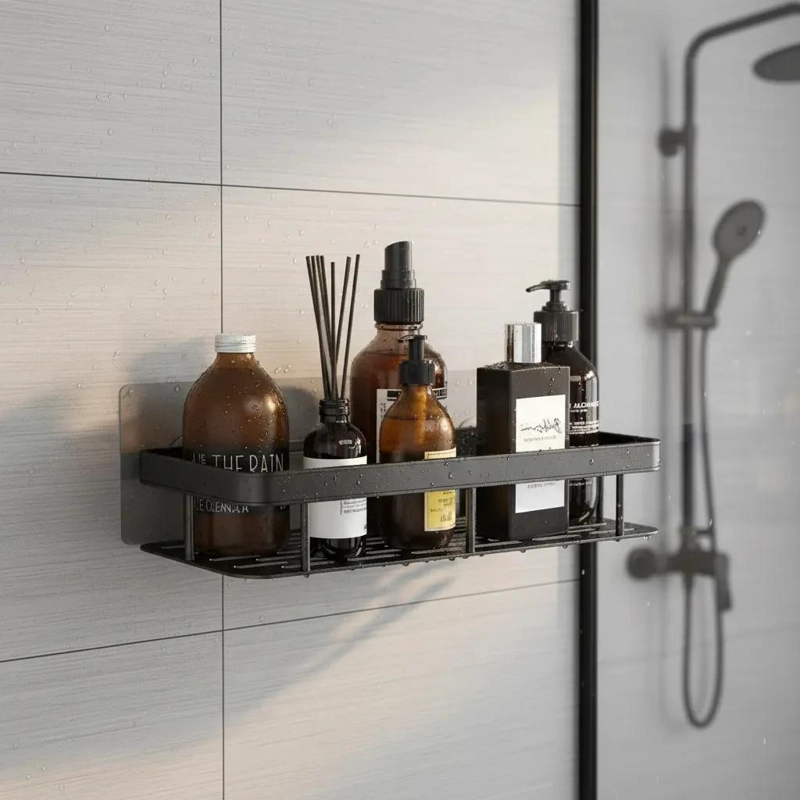 ESTANTE DE ALMACENAMIENTO PARA BAÑO SIN PERFORACIONES EN COLOR NEGRO - 4
