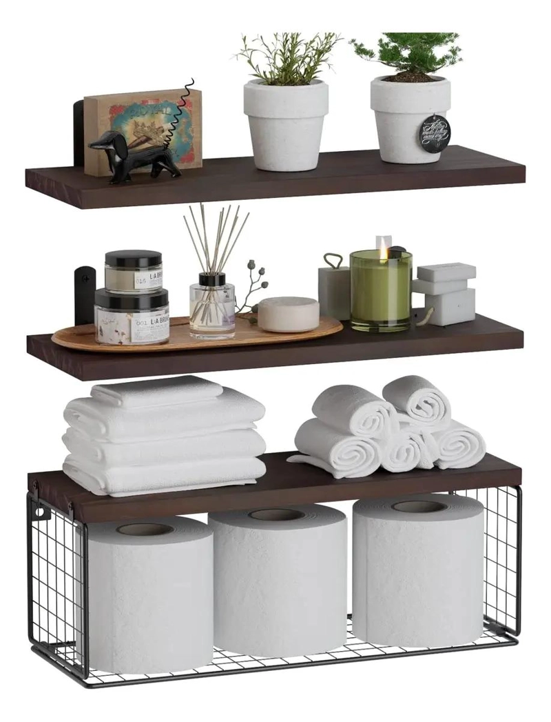 ESTANTE FLOTANTE DE BAÑO CON CANASTA DE ALAMBRE Y MADERA - 2