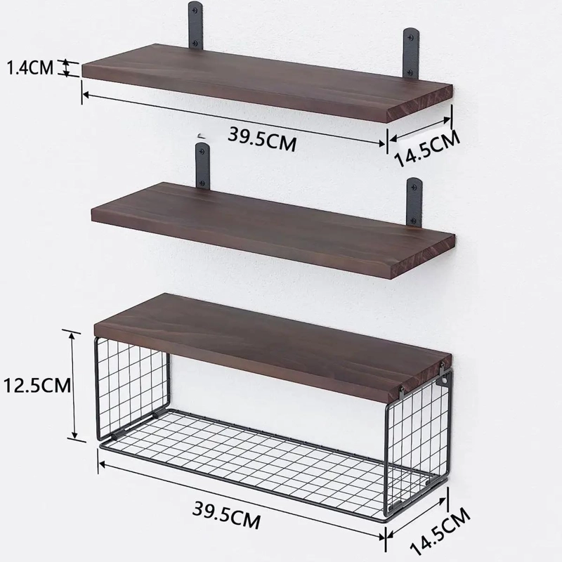 ESTANTE FLOTANTE DE BAÑO CON CANASTA DE ALAMBRE Y MADERA - 3