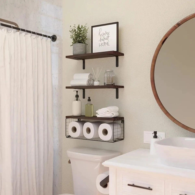 ESTANTE FLOTANTE DE BAÑO CON CANASTA DE ALAMBRE Y MADERA - 7