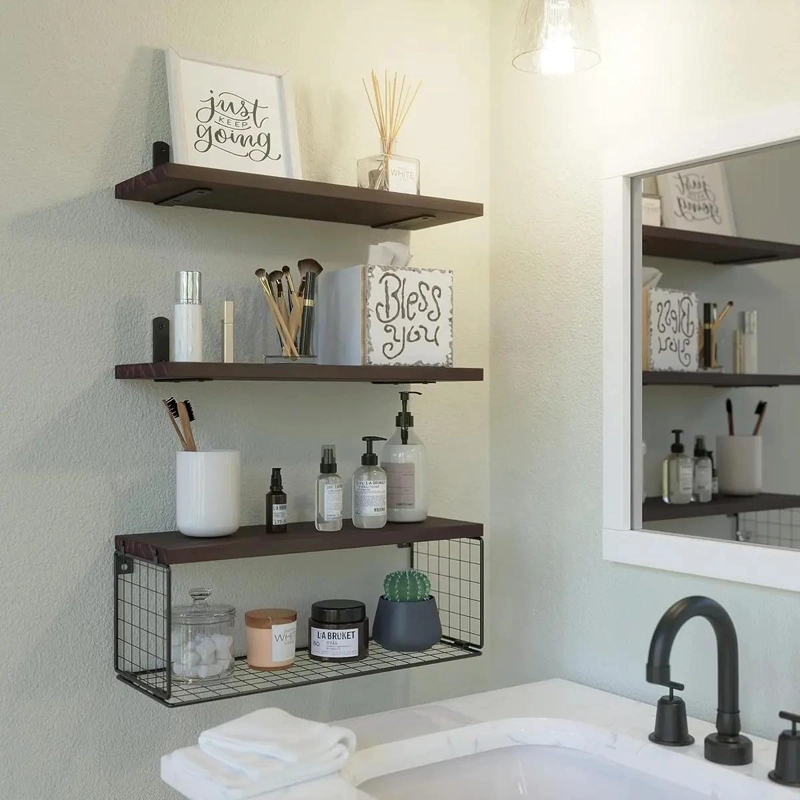 ESTANTE FLOTANTE DE BAÑO CON CANASTA DE ALAMBRE Y MADERA - 9