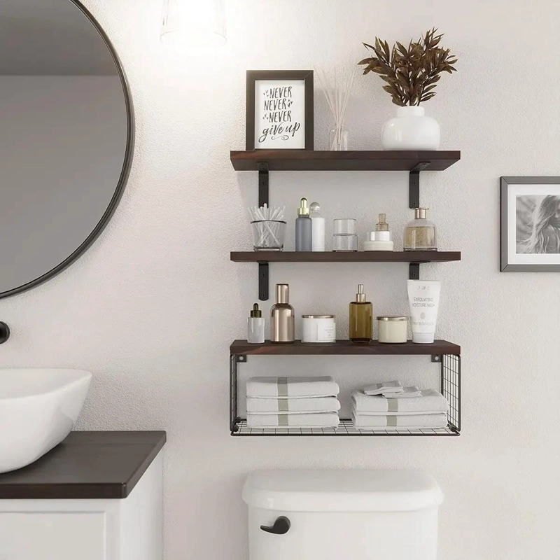 ESTANTE FLOTANTE DE MADERA PARA BAÑO Y COCINA CON CANASTA - 8