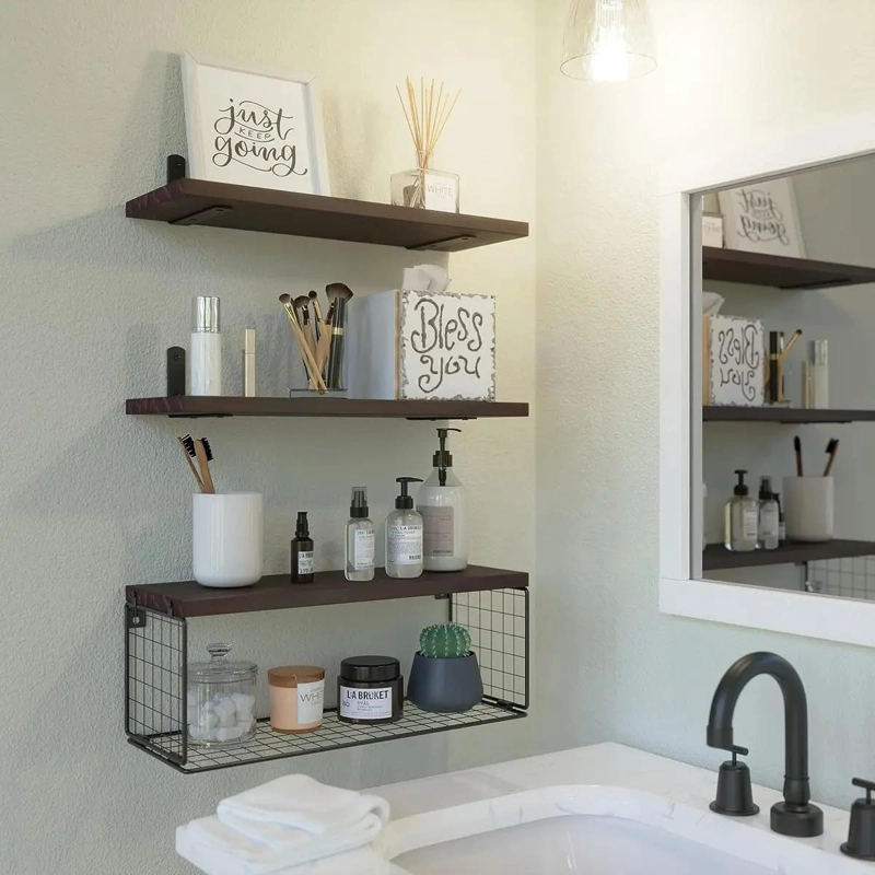 ESTANTE FLOTANTE DE MADERA PARA BAÑO Y COCINA CON CANASTA - 9