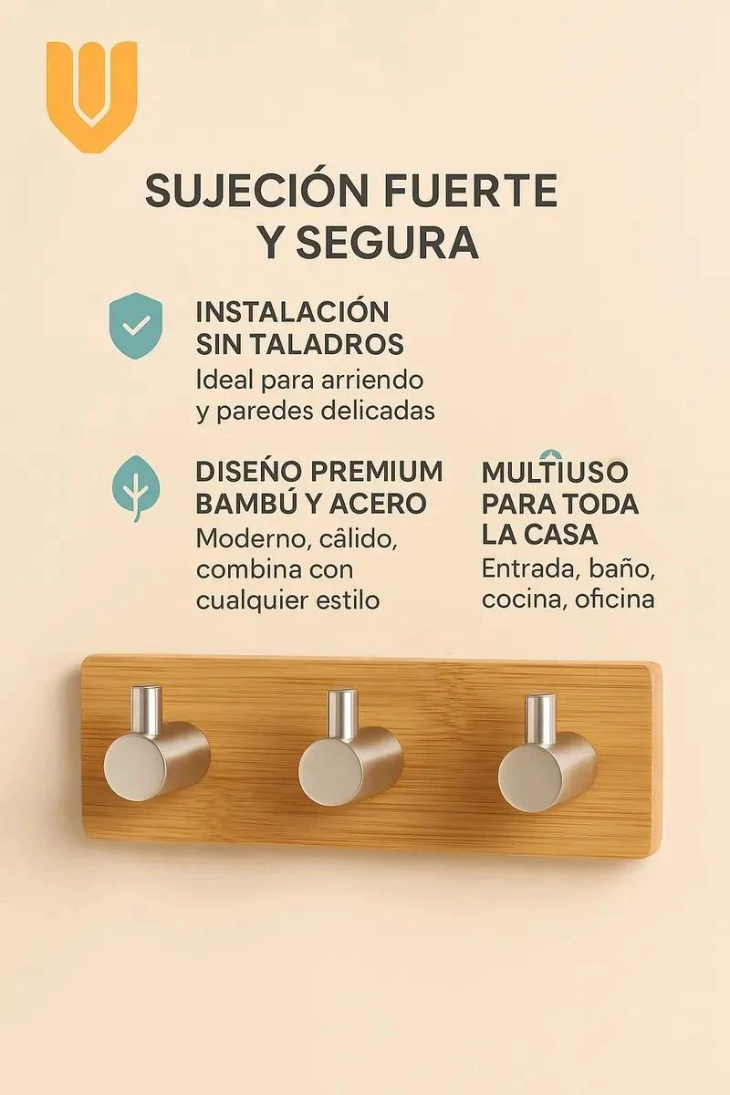 PERCHERO ADHESIVO DE BAMBU PARA BAÑO Y COCINA - 4