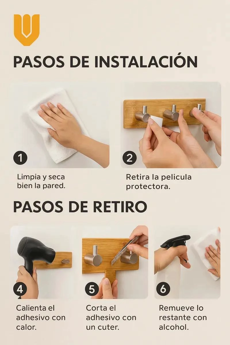 PERCHERO ADHESIVO DE BAMBU PARA BAÑO Y COCINA - 7