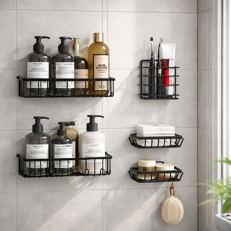 SET DE ORGANIZADORES DE BAÑO ADHESIVOS 5 PIEZAS EN COLOR NEGRO - 3