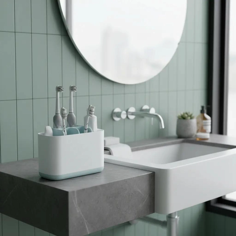 ORGANIZADOR DE BAÑO PORTA CEPILLOS DE DIENTES CELESTE Y BLANCO - 1
