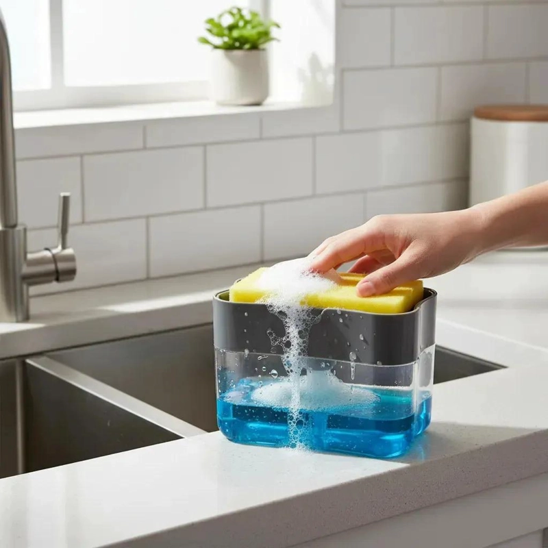 DISPENSADOR DE JABON Y ESPONJA 2 EN 1 PARA COCINA CON SOPORTE - 6