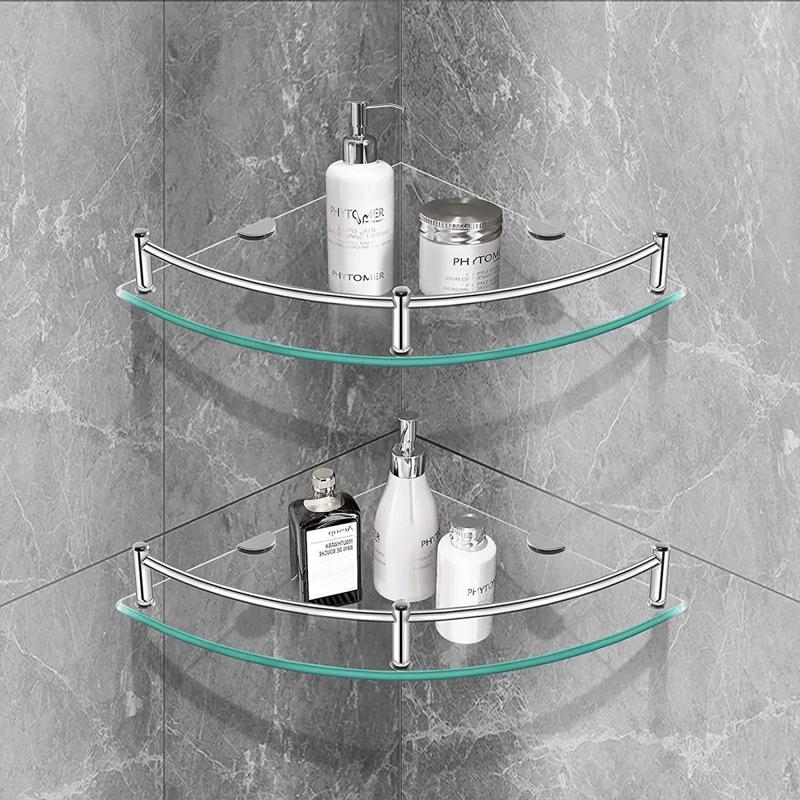 ESTANTES ESQUINEROS DE VIDRIO PARA BAÑO CON SOPORTE DE ACERO - 6