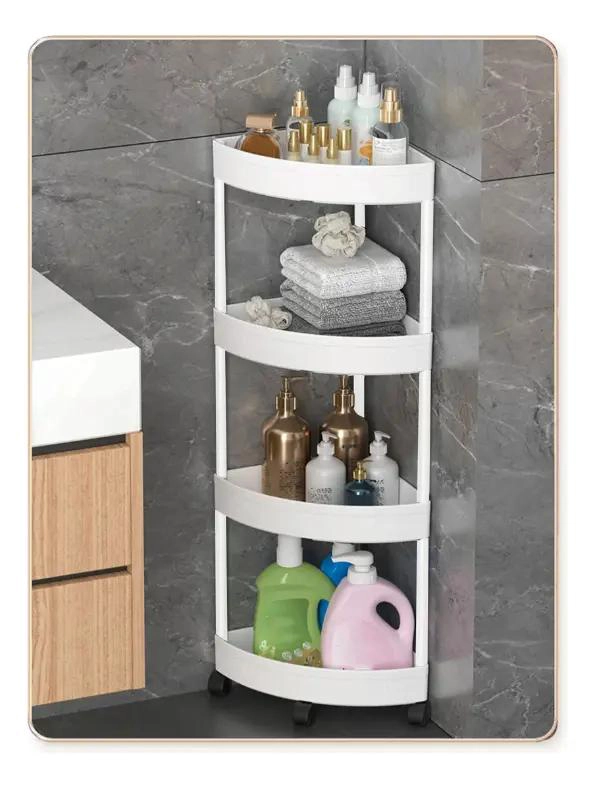 ESTANTE ORGANIZADOR DE ESQUINA PARA BAÑO CON RUEDAS Y DRENAJE - 1