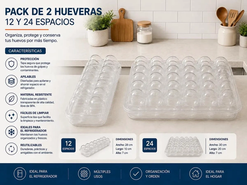 ORGANIZADOR DE HUEVOS CON 12 Y 24 ESPACIOS PARA COCINA - 2