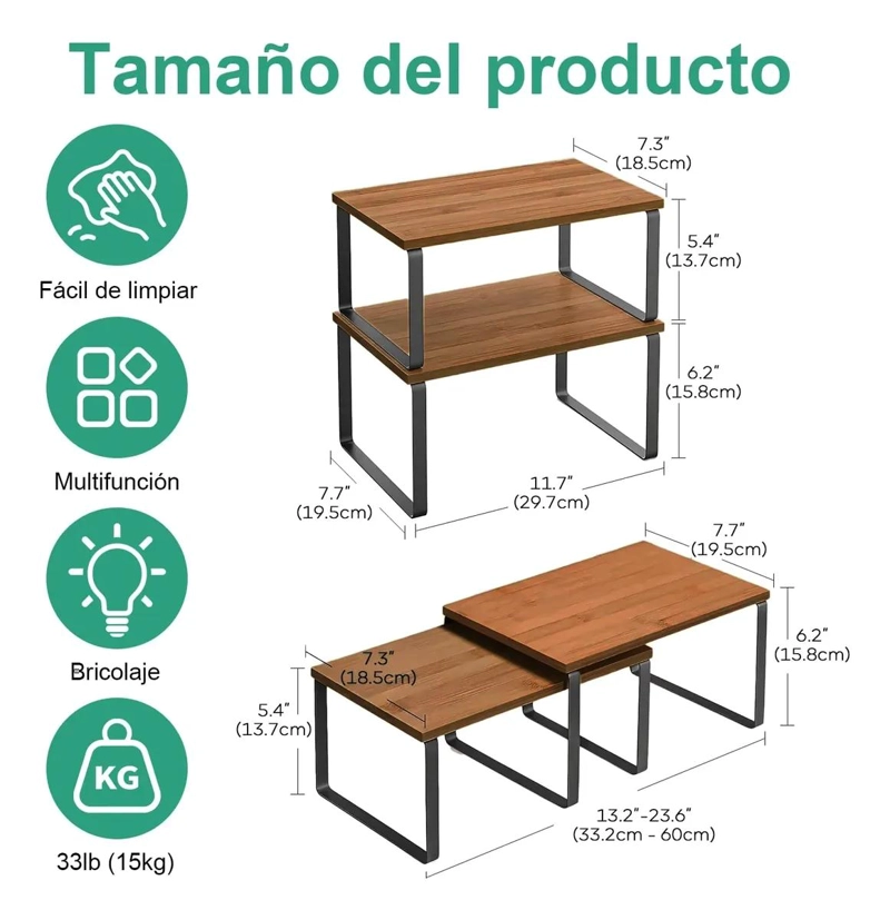 ORGANIZADOR APILABLE DE MADERA Y METAL PARA COCINA Y BAÑO - 3