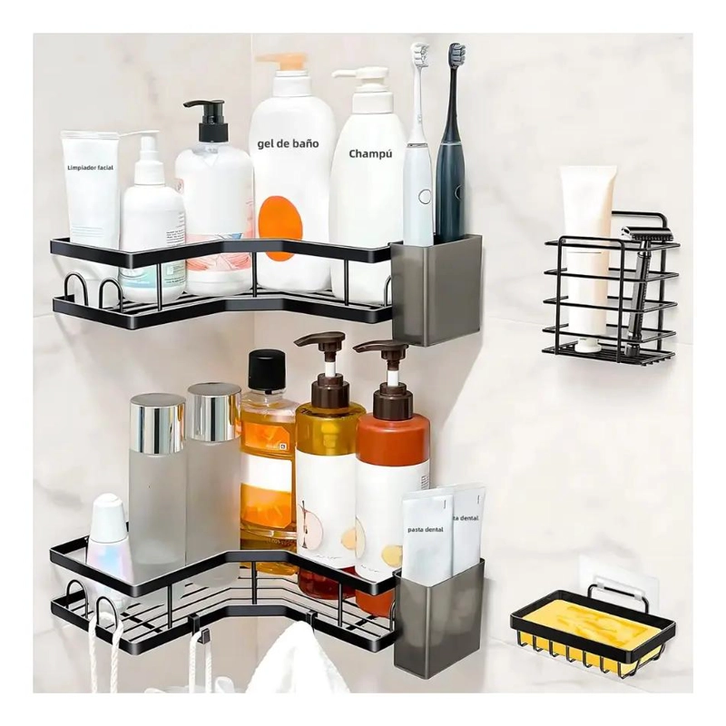 SET ORGANIZADOR DUCHA BAÑO ADHESIVO COLOR NEGRO - 2