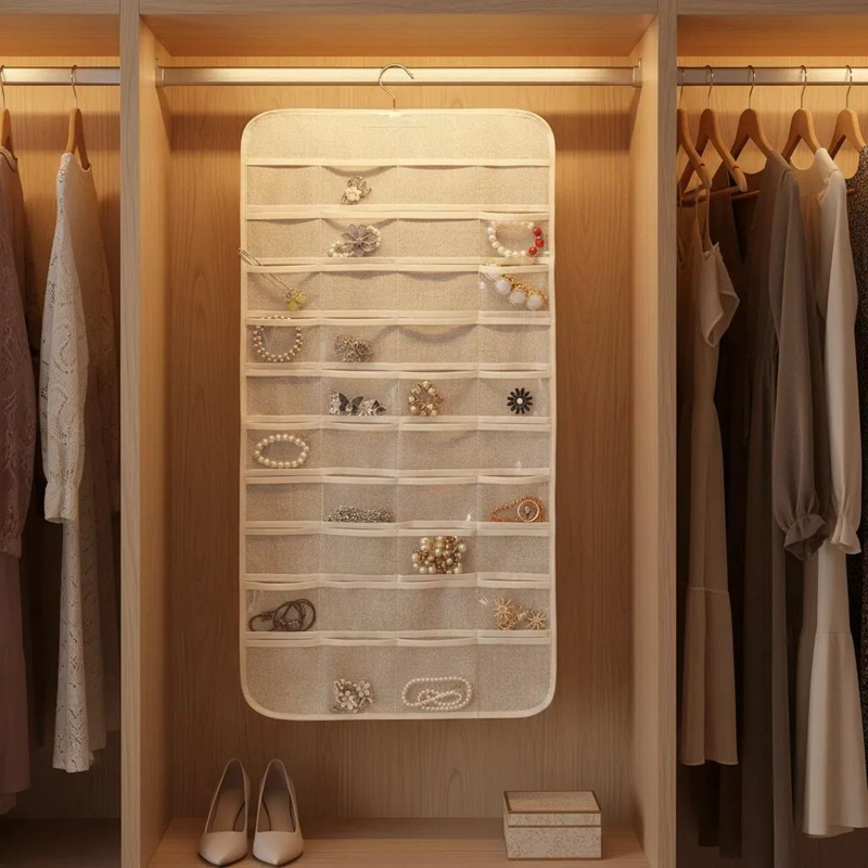 ORGANIZADOR COLGANTE PARA JOYAS BEIGE CON COMPARTIMIENTOS PRACTICOS - 1