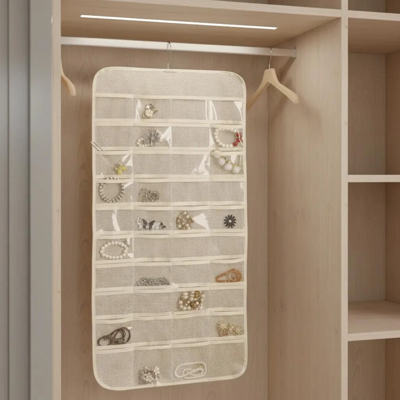 ORGANIZADOR COLGANTE PARA JOYAS BEIGE CON COMPARTIMIENTOS PRACTICOS - 7