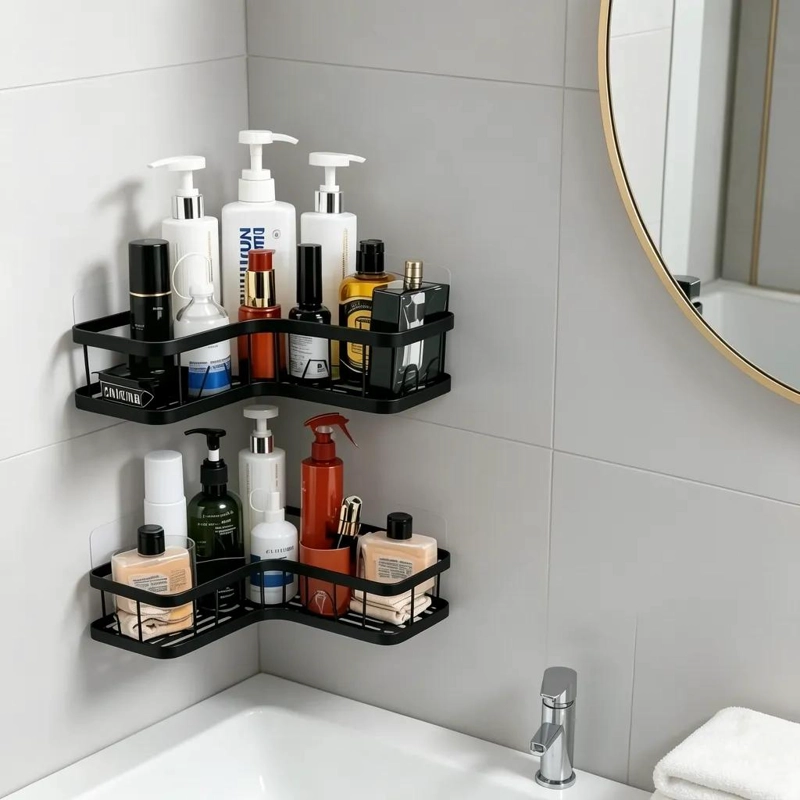 ESTANTE ESQUINERO METALICO PARA BAÑO SIN PERFORAR COLOR NEGRO - 1