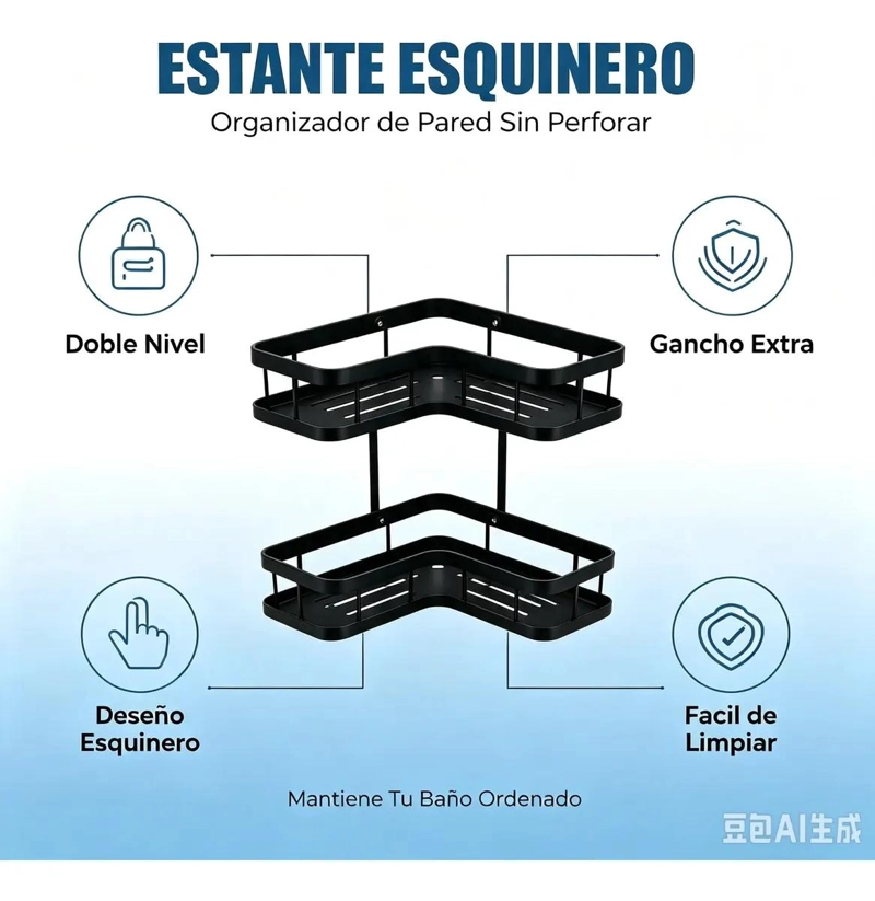 ESTANTE ESQUINERO METALICO PARA BAÑO SIN PERFORAR COLOR NEGRO - 2