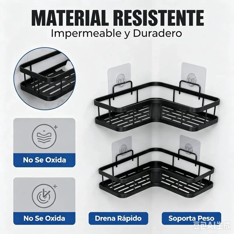 ESTANTE ESQUINERO METALICO PARA BAÑO SIN PERFORAR COLOR NEGRO - 3